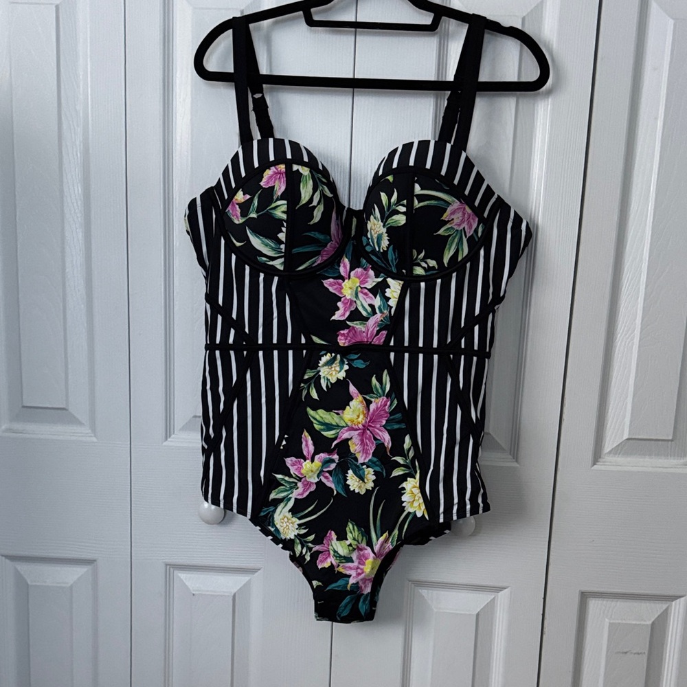 Torrid Black Floral Stripe One Piece Swimsuit